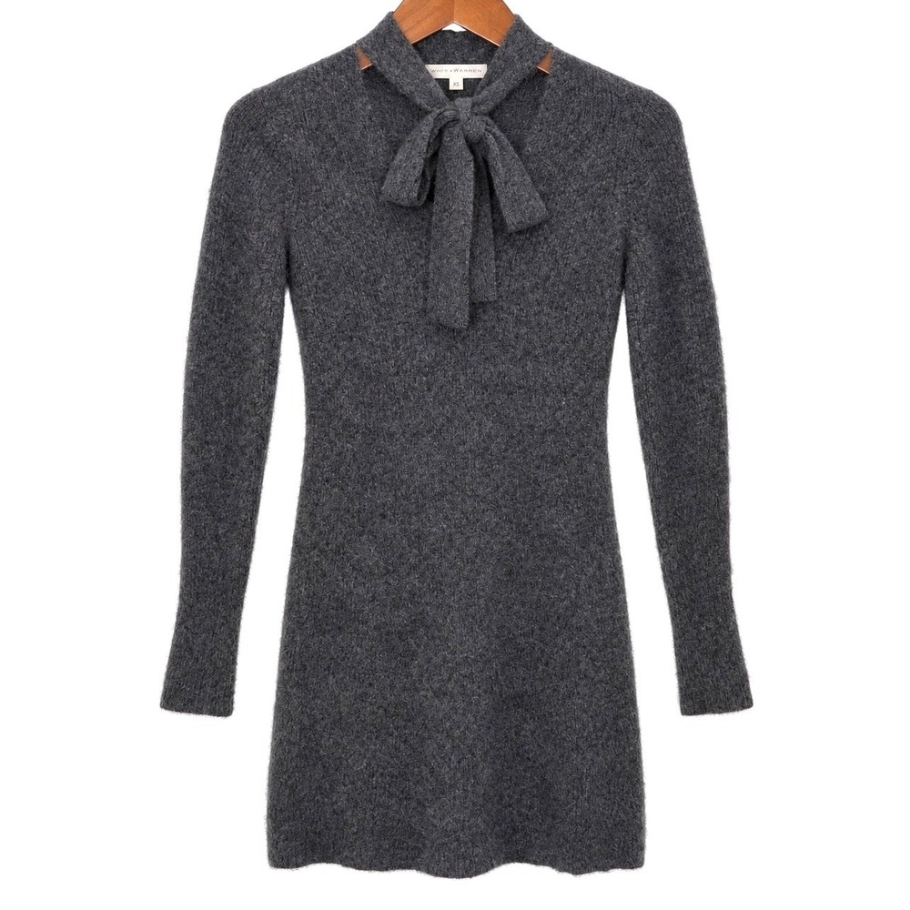 White + Warren 100% Cashmere Sweater Dress Womens XS Gray Tie Neck Long Sleeve